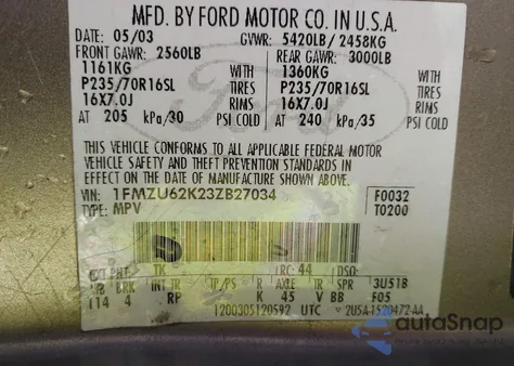 2003 Ford Explorer Xls from USA, damaged, VIN 1FMZU62K23ZB27034